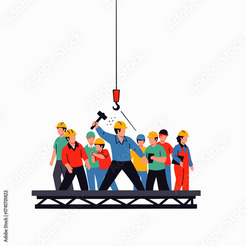 A team of construction workers in hard hats are working together to build something, with a crane assisting their efforts on a white background.