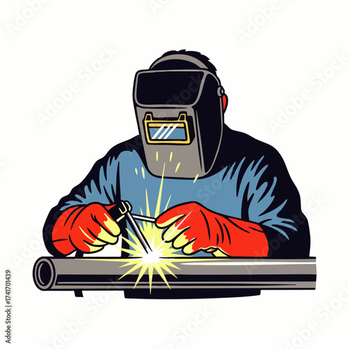 A skilled welder, protected by a mask and gloves, precisely joins metal pipes with a bright, focused welding torch in a professional setting.