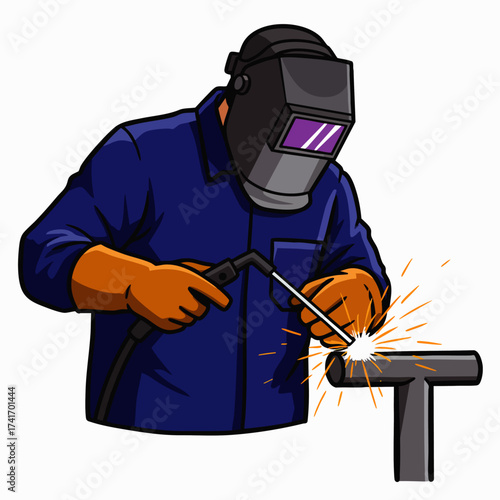 A skilled welder, wearing protective gear, carefully joins two metal pipes together with a bright, sparking arc in a construction setting.