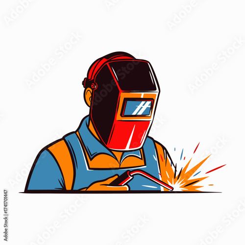 An illustrated welder in protective gear uses a torch to create sparks, representing industrial craftsmanship and metalwork on a clean white background.