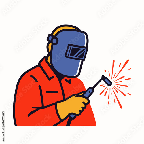 A skilled welder in a protective mask and uniform is shown in a vibrant illustration, creating sparks with precision and expertise.