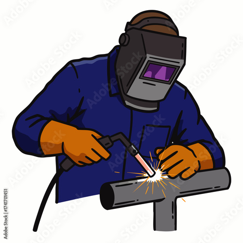 An illustration depicts a welder in protective gear using a welding torch to join two metal pipes together with sparks.