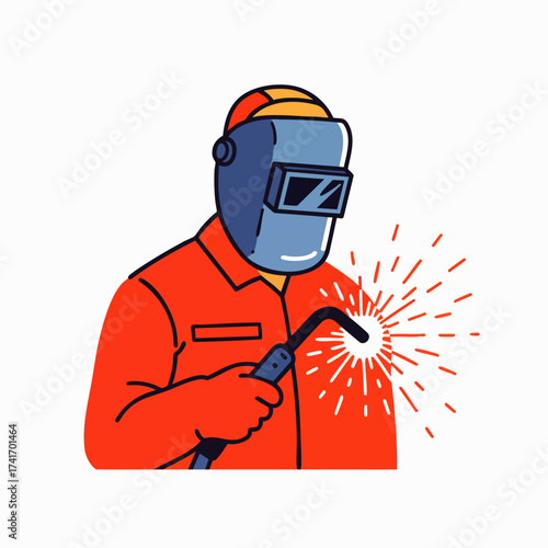 An illustration depicts a welder in protective gear, focusing on the sparks emanating from the welding torch, showcasing industrial work.