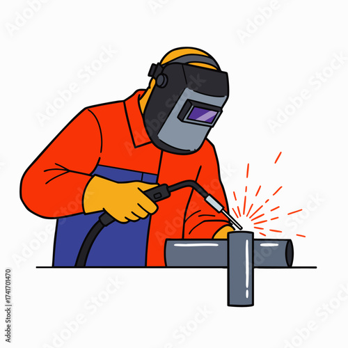 A skilled welder, clad in protective gear, meticulously fuses metal pipes together, showcasing precision and industrial expertise in a bright, clean illustration.