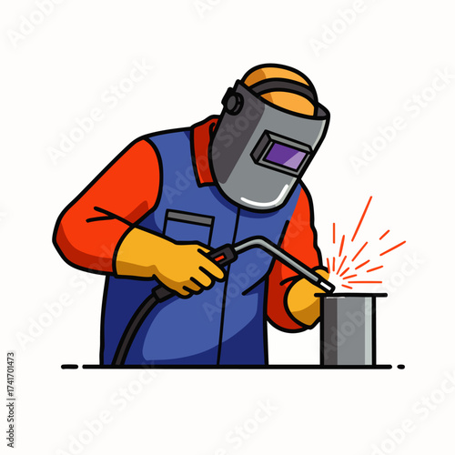 An illustration of a welder at work, wearing protective gear, focusing on the metal with a welding torch, creating sparks and heat.