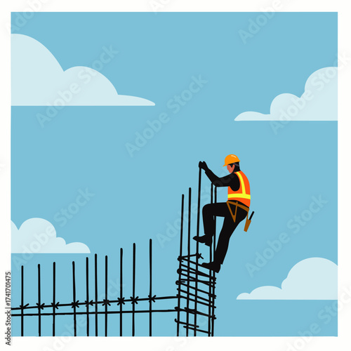 An illustrated construction worker wearing safety gear climbs a rebar structure against a blue sky with fluffy clouds, representing construction and building.