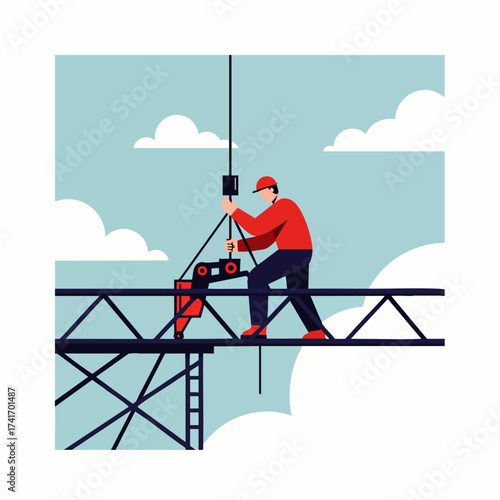 An illustration depicts a construction worker on a steel beam, operating machinery against a cloudy sky, emphasizing building and engineering.