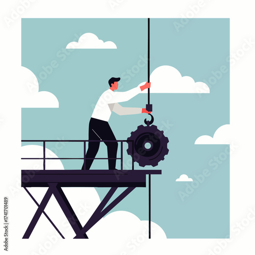 An illustrated depiction of a man working on a construction site, using a crane to lift a large gear against a cloudy sky.