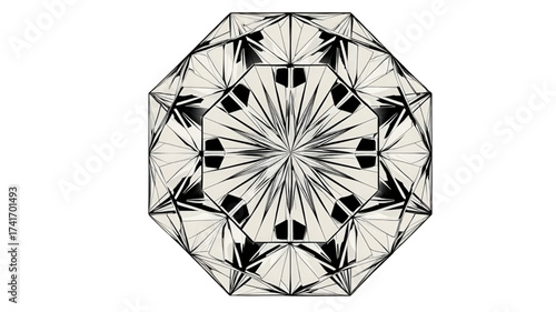 Monochrome octagonal gemstone illustration with intricate facets.