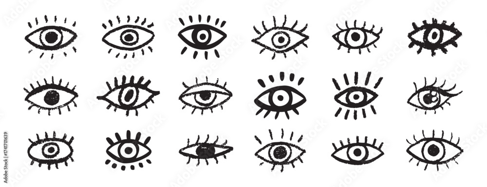 Fototapeta premium Grunge eyes hand drawn doodle icon set. Open black eyes with bold line. Monochrome eye element