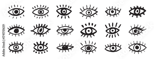 Grunge eyes hand drawn doodle icon set. Open black eyes with bold line. Monochrome eye element
