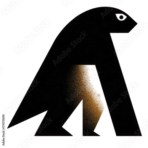 Abstract geometric black penguin silhouette with gold accent.