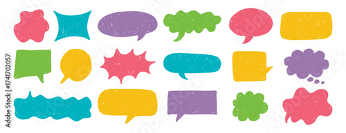speech bubble texture chalk pencil doodle set. Crayon speech bubble frame, comic talk balloon Grunge colorful collection.