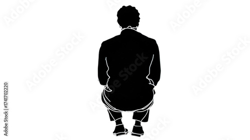 Black silhouette of a man sitting down viewed from behind.