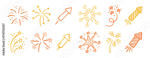 Hand drawn fireworks doodle set celebration line art design