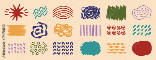 Retro abstract shapes doodle Hand drawn arts vector element set. Organic Shapes and brush stroke design. social post elements for background decoration, print, wallpaper.