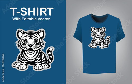 Cute baby tiger mascot logo for t-shirt design wide smile adorable animal character