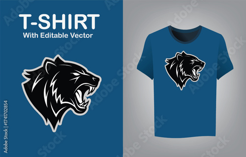 Fierce roaring bear mascot logo with glowing blue aura design for t-shirts