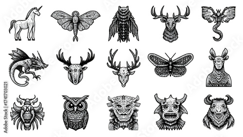 Collection of hand drawn mythical creatures and forest animals.