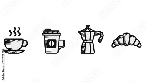 Vintage hand drawn coffee and breakfast icon set.