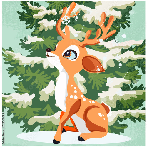 Deer under a Christmas tree in winter on a retro background