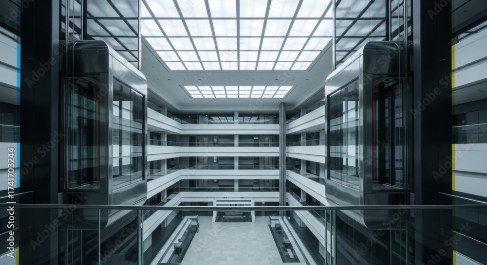 Fototapeta premium Modern Multi-level Office Building Interior with Glass Elevators and Bright Lighting