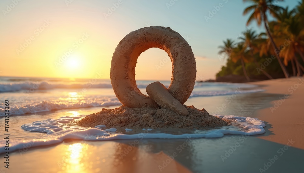 Fototapeta premium Sand letter Q sculpture sits on beach shore at sunrise. Gentle ocean waves lap the sand. Palm trees line the tropical coast creating a serene paradise.