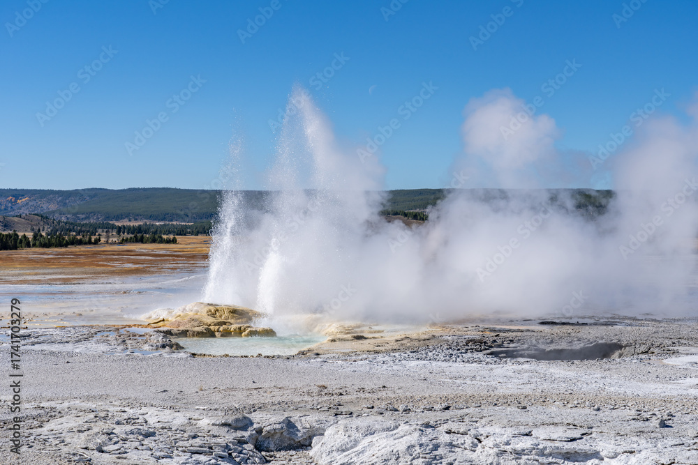 Obraz premium Clepsydra Geyser. Fountain Paint Pot Trail. Lower Geyser Basin in Yellowstone National Park. Hydrothermal System. hot-spring deposits. Extremophile.