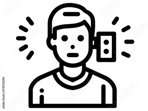 Simple line icon of a person with an electronic ear device.