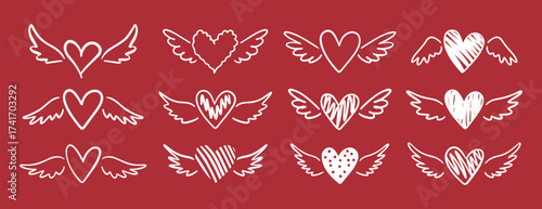 Heart with angel wings doodle hand drawn icon set. Outline drawing line clipart symbol collection