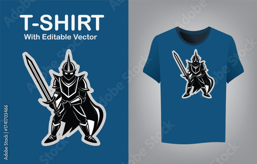 Epic knight mascot full armor glowing sword emblem for gaming and sports apparel design