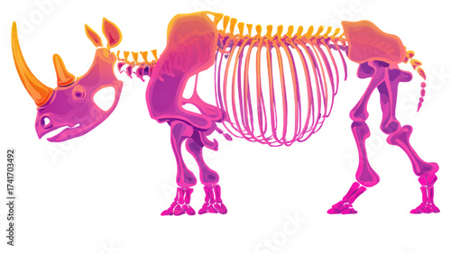 Vibrant anatomical illustration of a rhinoceros skeleton.
