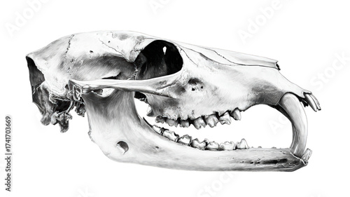 Monochrome side profile view of a large animal skull.