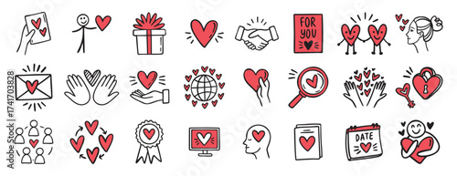 Valentine day love and hearts doodle hand drawn icon set. Outline drawing love line clipart symbol collection