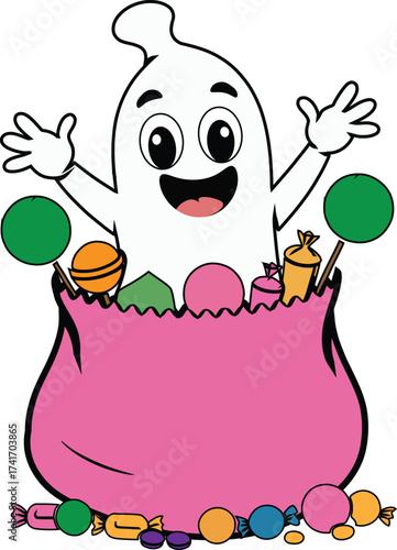 Happy ghost holding candy bag full of sweets for halloween clipart