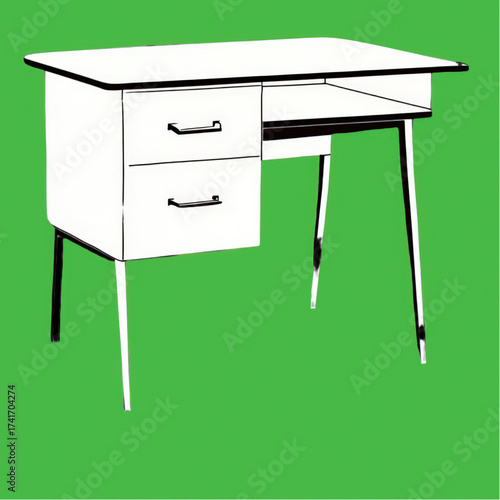 A minimalist graphic illustration of a retro white desk.