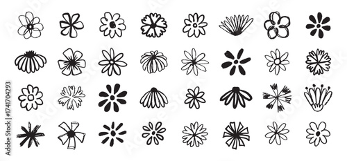 Flowers grunge brush doodle blossom icons set. Flowers Scribble ink hand drawn brush. Chamomile flowers markers crayons icons 