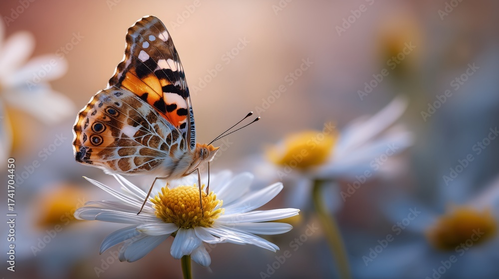 Obraz premium painted lady butterfly on white daisy macro in soft golden morning light
