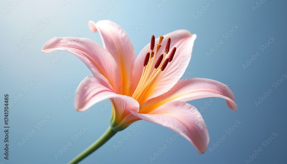 Naklejka premium Close up of pink lily flower with elegant petals, dark red stamens against soft blue background. Gentle lighting illuminates delicate floral bloom, suggesting spring or summer seasons, serene beauty.