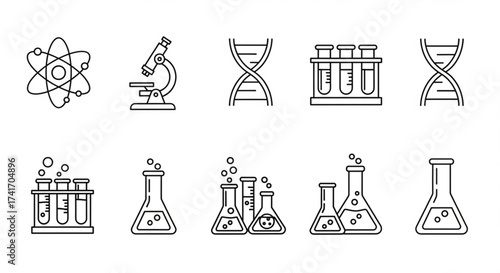 Line art illustration of atom microscope dna test tubes and beakers representing science and laboratory work created with generated ai