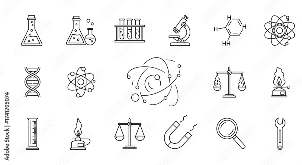 Naklejka premium Illustration of science lab equipment including beakers, microscope, dna, atom, and other tools and symbols created with generated ai