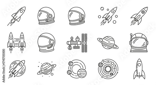 Collection of outline style space icons including rockets planets astronauts helmets and a space station design created with generated ai