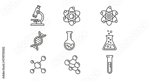 Illustration of science equipment including microscope atom dna and various flasks in a line art style created with generated ai