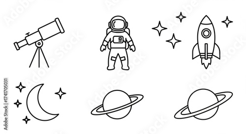 Outline drawing of telescope, astronaut, rocket, stars, moon and planets in space exploration theme created with generated ai