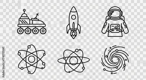 Illustration of space exploration icons including rover, rocket, astronaut, atom and galaxy design created with generated ai