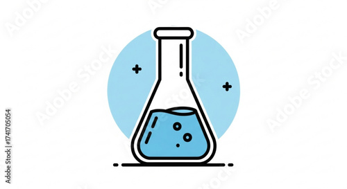 Illustration of a conical flask with blue liquid and bubbles against a light blue circle backdrop created with generated ai