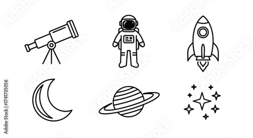 Illustration of an astronaut, telescope, rocket, moon, planet and stars in black outline style created with generated ai