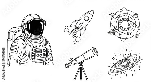 Illustration of an astronaut, rocket, solar system, telescope, and galaxy in a line art style design created with generated ai