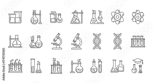 Line art illustration featuring various scientific laboratory equipment and molecular structures depicted clearly created with generated ai