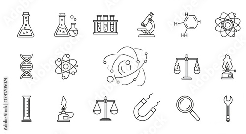 Illustration of science lab equipment including beakers, microscope, dna, atom, and other tools and symbols created with generated ai